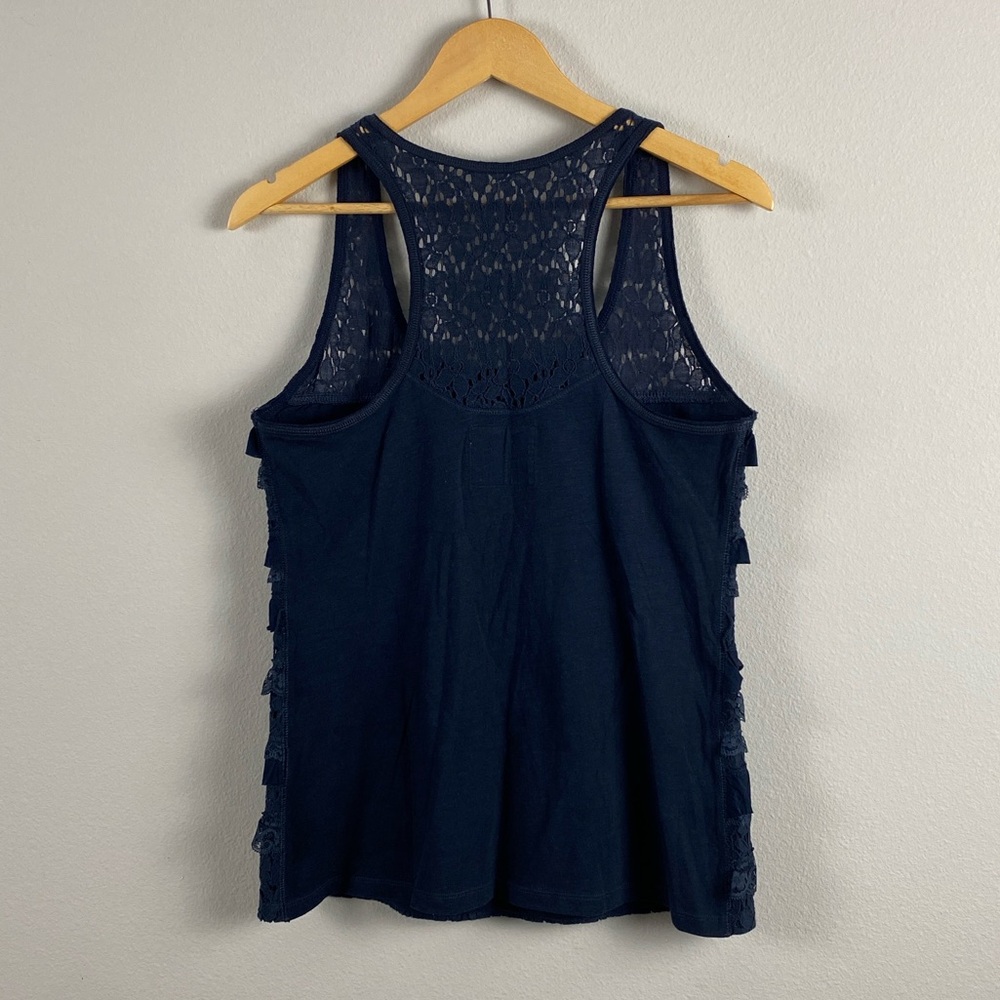 Abercrombie & Fitch Floral Lace Ruffle Layer Tank Top | Semi Sheer, Lined | Navy - Picture 2 of 16